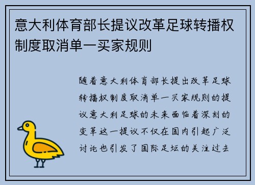 意大利体育部长提议改革足球转播权制度取消单一买家规则
