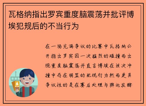 瓦格纳指出罗宾重度脑震荡并批评博埃犯规后的不当行为